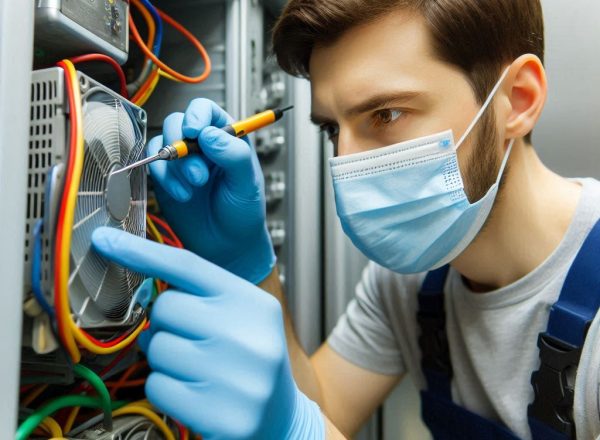 Técnico de Don Frío con tapabocas realizando mantenimiento a un sistema de refrigeración industrial.