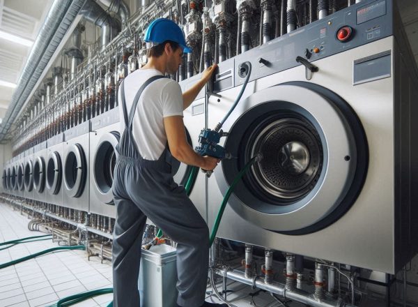Técnico de Don Frío realizando mantenimiento a lavandería industrial.