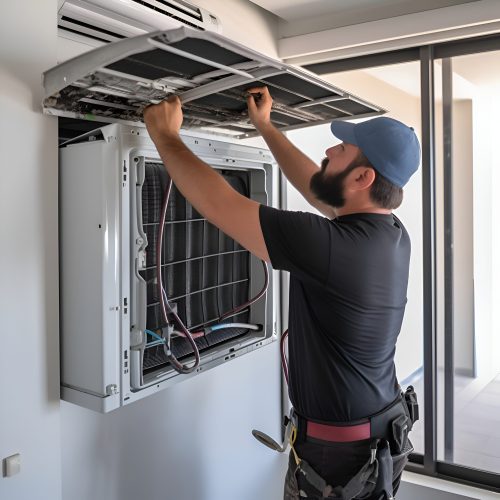 Técnico reparando Aire acondicionado Técnico realizando mantenimiento y reparación de un aire acondicionado montado en la pared.